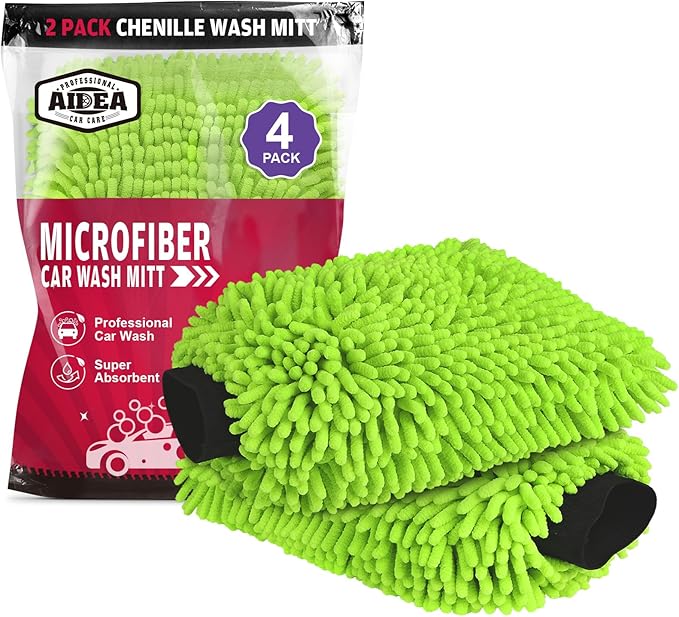 AIDEA Car Wash Mitt Microfiber, 4PK Scratch Free Lint-Free, Premium Chenille Microfiber Mitt Car Wash Brush, Green, Extra Large Size 8''X12''