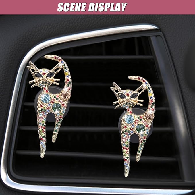 2PCS Car Vent Clips, Bling Cat Air Conditioning Outlet Clip, Crystal Rhinestone Auto Diffuser Perfume Clip, Cute Car Accessories for Women, Vehicle Interior Decoration (Colorful)