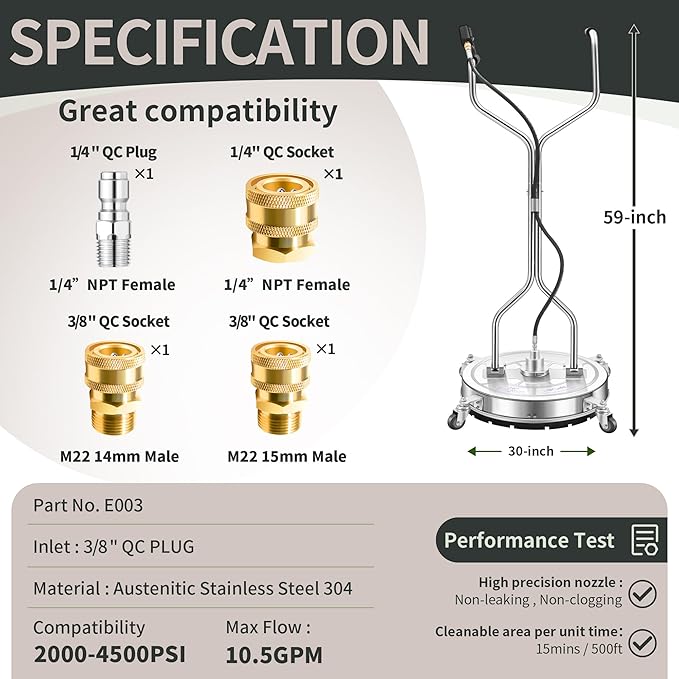 30'' Pressure Washer Surface Cleaner with 4 Wheels - Stainless Steel Surface Cleaner for Pressure Washer Attachment for Concrete, Driveway, Patio, Sidewalk, Deck and Driveways