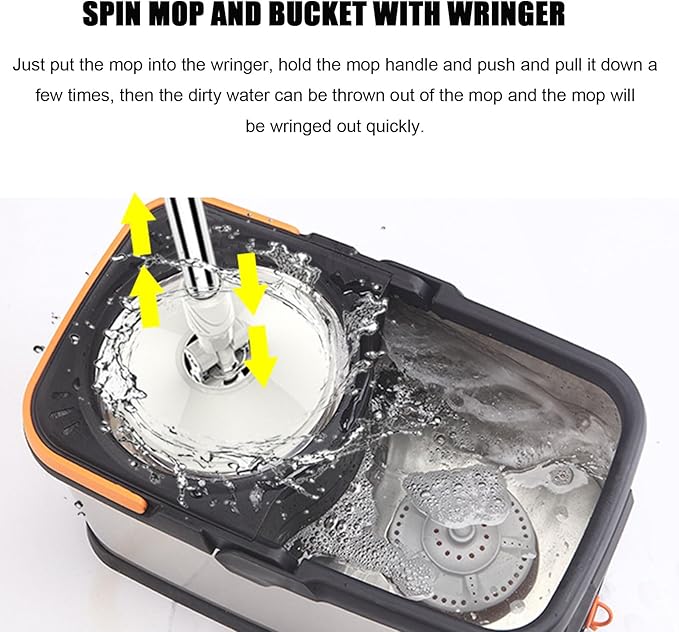 Mop and Bucket Set, Spin Mop and Detachable Inner Mop Bucke Self-Wringing Floor Cleaning System for Hardwood, Wood, Laminate, Tile, Wall with 5 Microfiber Pads