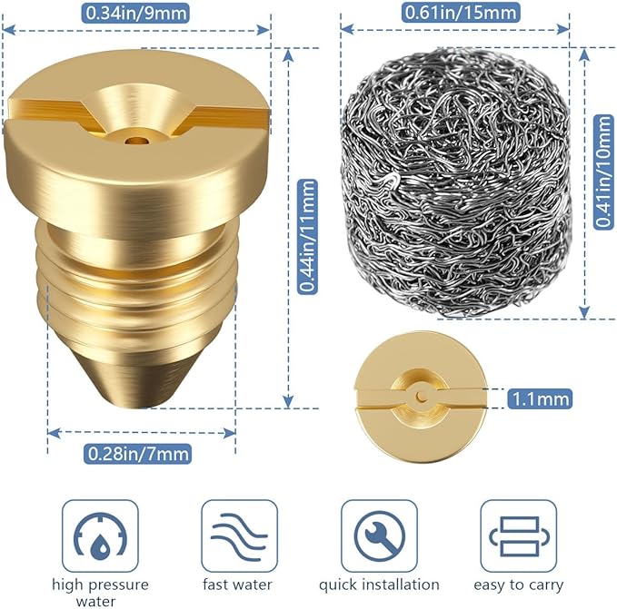 2 Pieces 1.1 mm Orifice Foam Cannon and 2 Pieces Foam Maker, Universal Brass Thread Nozzle Tips and Mesh Filter for Snow Foam Lance, Tool Daily Foam Cannon