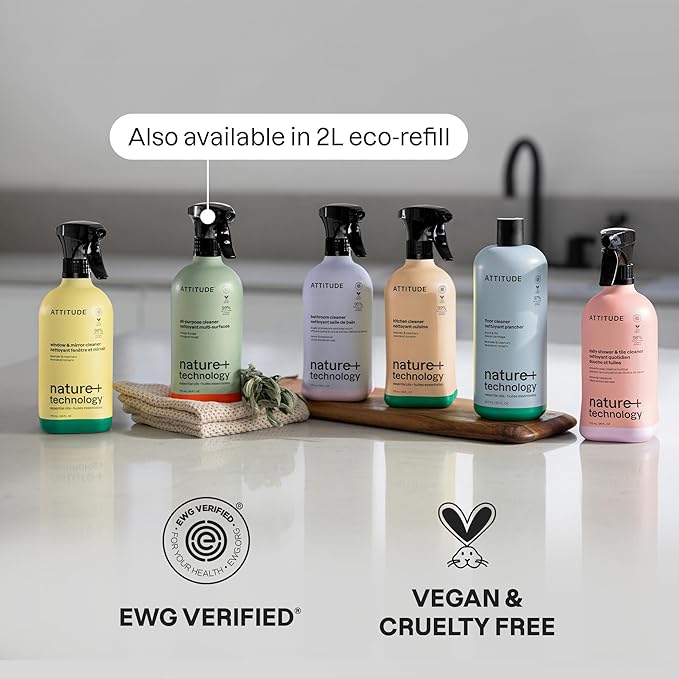 ATTITUDE Shower & Tile Cleaner Spray, EWG Verified, Bathroom Cleaner Removes Soap Scum & Grime, Plant-Based & Vegan, Lemon & Rosewood Scent, 26 Fl Oz