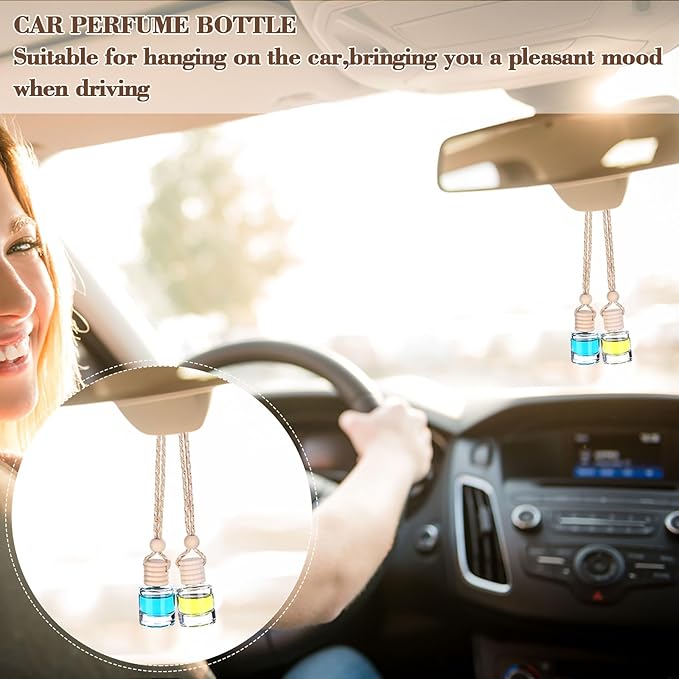 210Pcs 8ml Hanging Car Air Freshener Diffuser Cylindrical Empty Clear Glass Essential Diffuser Oil Aromatherapy Fragrance Perfume Pendant Glass Vial with Wooden Caps Hanging String Car Diffuser Bottle