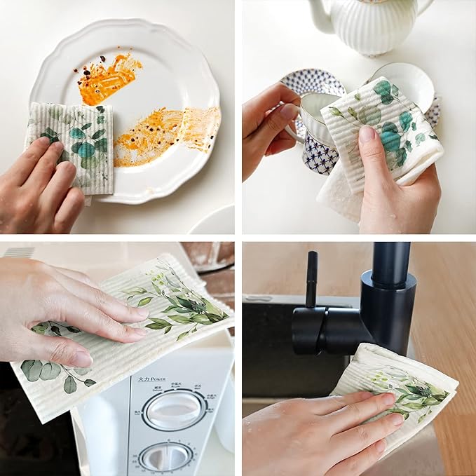 Morigins 6 Pieces Swedish Kitchen Dishcloths Green Eucalyptus Cleaning Cloths Reusable Absorbent Sponge Cloths Dish Quick Drying Washable Cleaning for Kitchen,Washing,Hand, Counter Wipes