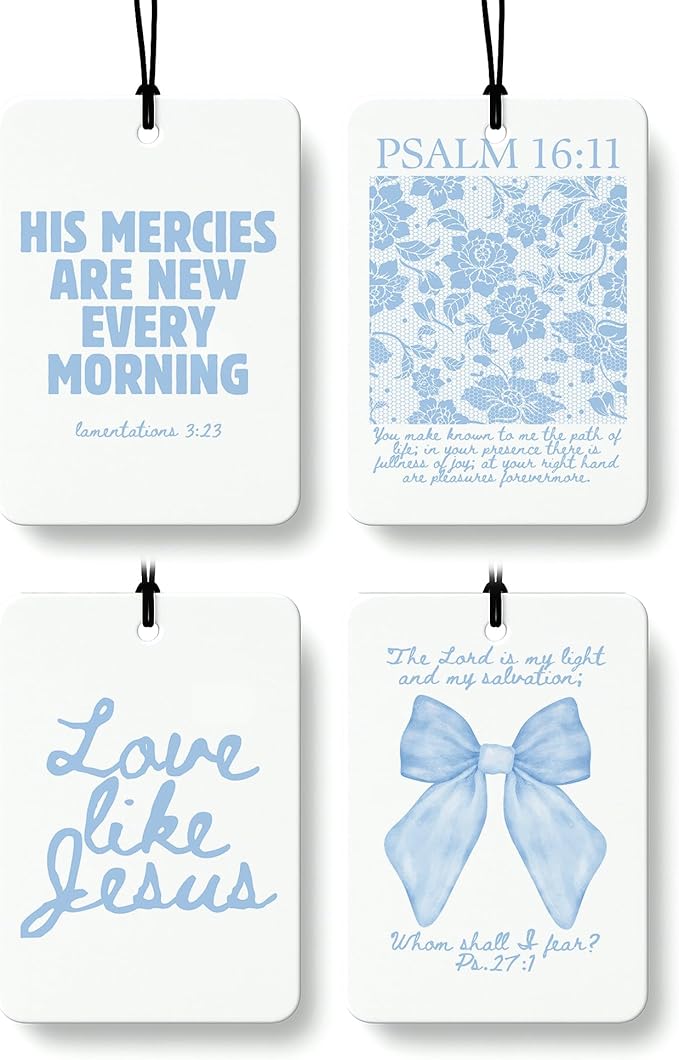 Blue Coquette Bow Floral Christian Car Air Freshener 4 Pcs, Preppy Girly Religious Hanging Air Freshener for Cars Closet Drawer Books, Cute Christian Car Accessories Mirror Decor for Women