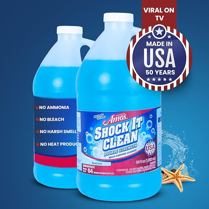 Professor Amos Shock It Clean MultiPurpose Cleaner Double Strength Concentrate All Purpose Carpet, Jewelry, Upholstery, Leather, Stain Remover & Floor Cleaner (Seashore 64 Oz)