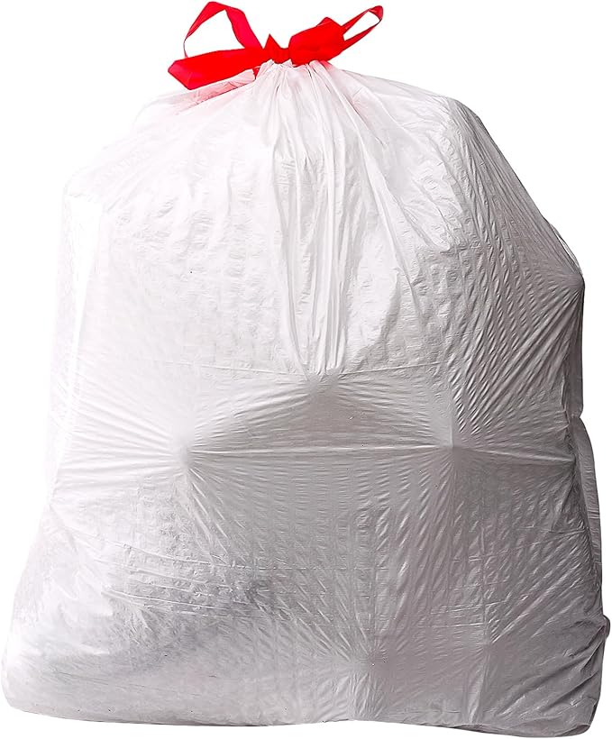 Amazon Basics 13 Gallon Tall Kitchen Drawstring Trash Bags, Flextra Strength, Tear Resistant, Puncture Resistant, 10% Post Consumer Recycled, 90 Count, White
