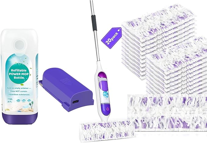 775ML Mop Refillable Bottle, 2000mAh Rechargeable Battery Pack, 20 Pack Mop Pad Refills for Swiffer® Mop
