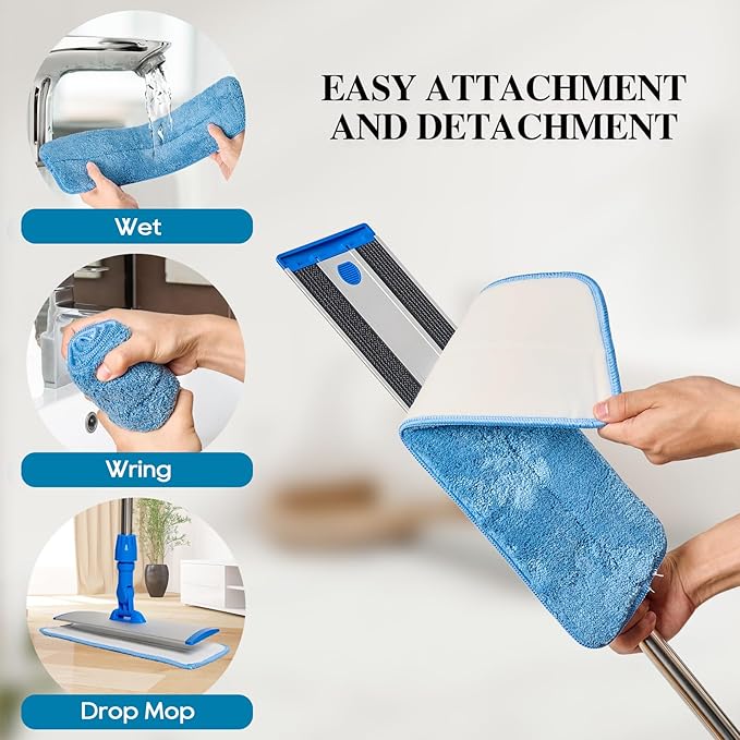 17.5'' Microfiber Mop for Floor Cleaning-Blue Flat Floor Mop with 58'' Stainless Steel Handle- 4 Reusable Washable Replacement Pads-Wet & Dry Use for Hardwood Tile Laminate-Home Kitchen Bathroom
