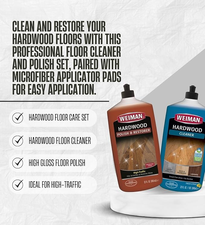 Weiman High Traffic High Gloss Hardwood Floor Polish & Restorer 32 oz, Citrus Scent Cleaner 32 oz Bundle with Microfiber Applicator Pads – Protects, Cleans & Shines – Gift Set (3 Items)