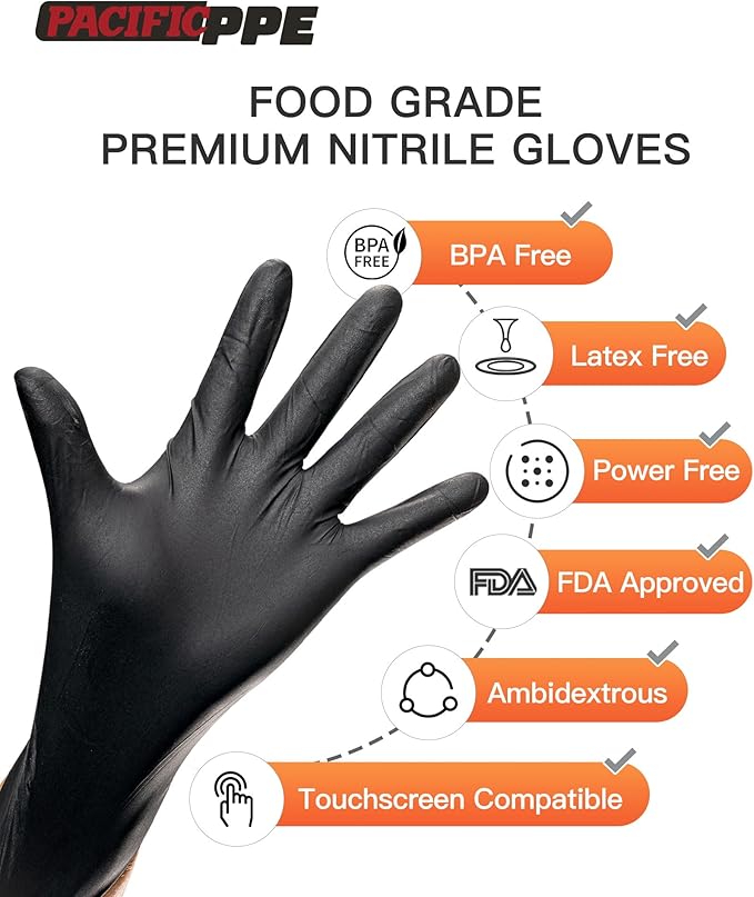 PACIFIC PPE 6-mil Heavy Duty Black Nitrile Gloves, Chemical Resistant, Food Safe, Latex Free Disposable Gloves for Mechanic, Cooking, and Cleaning, 100PCs, Medium