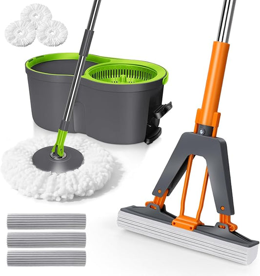 Masthome PVA Sponge Mop with 3 Absorbent Mop Refills & Pedal Spin Mop and Bucket with Wringer Set 3 Mop Pads for Kitchen Bathroom Office