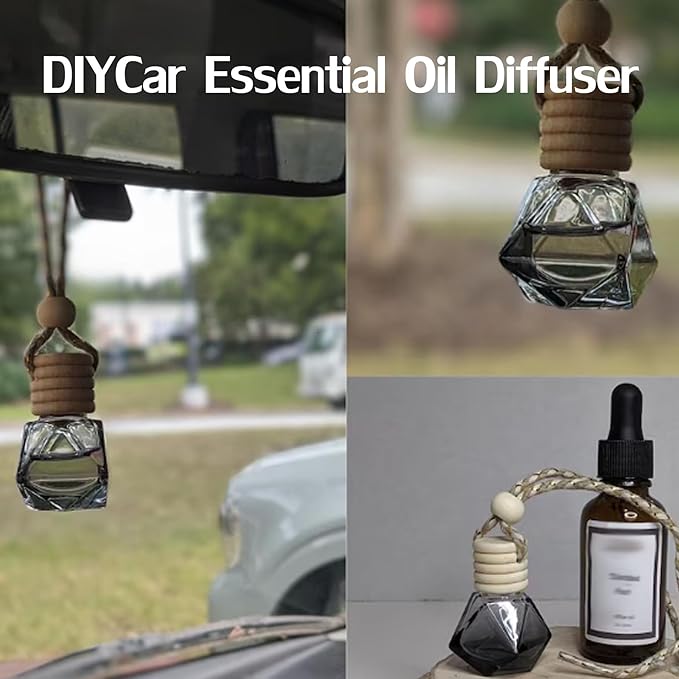 7 Pcs 8ml Hanging Car Air Freshener Diffuser,Empty Black Gradient Glass Essential Diffuser Oil Aromatherapy Fragrance Perfume Pendant Glass Vials with Wooden Caps (Diamond, 8ml)