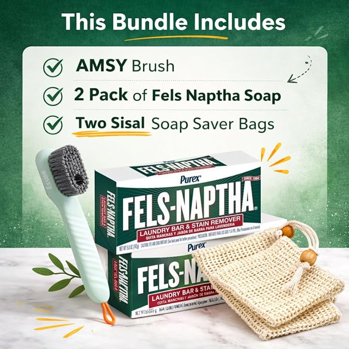 AMSY Soap Bars Stain Remover Laundry Bundle Multifunctional Cleaning Brush and 2 pack ofʼ Bags Bundled with 2 Pack of Fels Naphta Soap Bars
