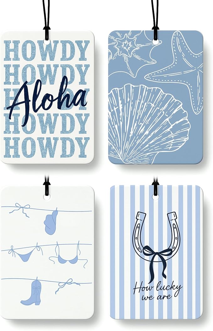 Blue Beach Cowgirl Cologne Car Air Freshener 4 Pcs, Retro Western Coastal Seashell Hanging Air Freshener for Cars Bathroom Dorm Books Decor, Preppy Girly Accessories Gifts for Women Girls