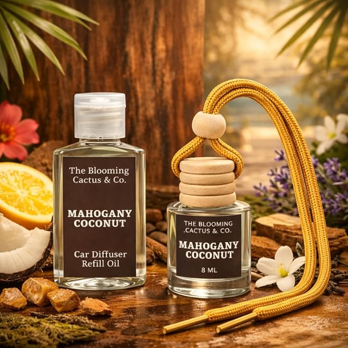Car Air Freshener with 30ml Refill – Hanging Car Diffuser Oil, Long-Lasting Phthalate-Free Scent – Hanging Car Air Freshener + Refill. (Mahogany Coconut, 8 ml)