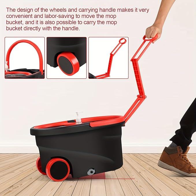 360° Spin Mop and Bucket System with Wringer - Includes 3 Microfiber Mop Refills & 50" Extended Handle for Floor Cleaning, Easy Squeeze, Efficient Home Cleaning Tool (Black) (Black Red)