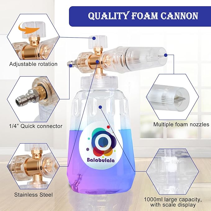 Foam Cannon for Pressure Washer with Dual Connector, Balabulala Car Foam Cannon with Dual Adapter, 1/4" Quick Connect,4200 PSI