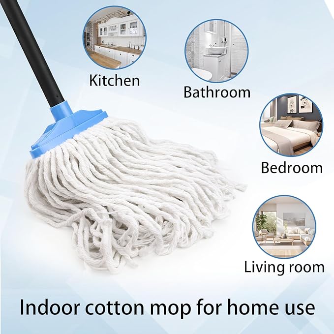 Indoor Cotton Mops for Floor Cleaning - 53.7" Adjustable Iron Handle Regular Mops to Clean Living Room, Kitchen, and Bathroom,Indoor Cleaning Mop for Wood Floors, Tile, Hardwood Floor. (Blue White