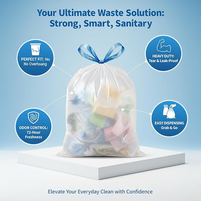 150 Count 6 Gallon Trash Bags Drawstring - 1.1 Mil Heavy Duty Medium Garbage Bags,22.5 Liter Strong Plastic Can Liners Unscented,Thick Waste Basket Bags for Bathroom Office Kitchen