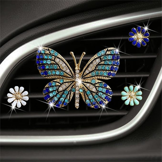 Bling Butterfly Car Clip Decor Interior，Cute Car Vent Clips Dashboard Decorations, Car Accessories Air Aromatherapy Vent Clip,Car Air Freshener Vent Clips, Rhinestone Car Accessories for Girls Womens Car Interior Decoration Cute Set (Blue Butterfly + 3...