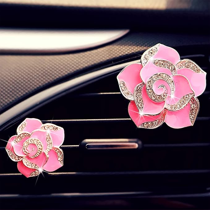 2 Pcs Camellia Air Vent Clips, Cute Flower Car Air Freshener Clip, Bling SUV Outlet Decorations, Crystal Rose Vent Diffuser, Charm Car Inter Decor Accessories for Women Girls