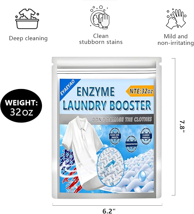 Enzyme Laundry Booster Odor Remover - 2 lbs Enzymatic Clothes Stain Cleaner Powder, Natural Deodorizer with Bio Active Enzymes, Detergent Additive Eliminator for Sweat, Oil, Blood - 68 Loads (32 oz)
