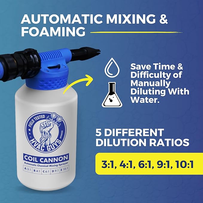 Coil Cannon | AC Coil Cleaner Automatic Foaming Mixing Sprayer | Compatible with All Cleaners & Chemicals | 5 Dilution Ratios