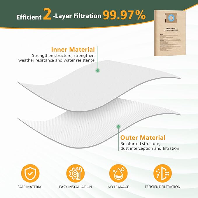 12 Pack DXVA19-4101 Vacuum Bags For DEWALT 6, 8, 9, 10 Gallon Wet/Dry Shop Vacuums, Replacement Disposable Filter Bags for DeWalt DXV06P, DXV09P, DXV09PA, DXV10P, DXV10PL, DXV10S, DXV10SA, DXV10SB