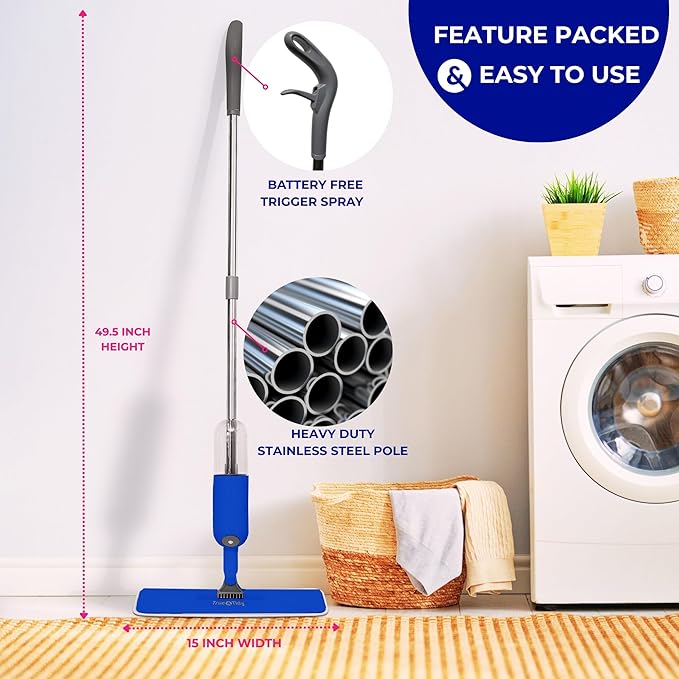 True & Tidy® Multi-Surface Spray Mop with Refillable Water Bottle, Use Any Cleaning Solution Easy to Fill and Refill with Machine Washable Mop Pad (Navy)