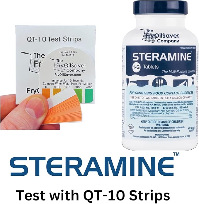 4 Bottles Steramine Sanitizer Tablets - 15x QT-10 Test Strip - Multi Purpose Steramine Sanitizing Tablets for Food Contact Surface, Kitchen, Restaurant Cleaning & Food Truck by FryOilSaver (600 Count)