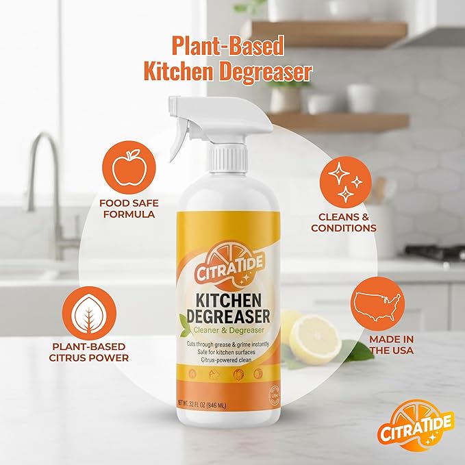 Kitchen Degreaser Spray – Heavy Duty Plant-Based Citrus Cleaner for Countertops, Stovetops & Appliances – Non-Toxic, USA Made Value Pack (2 Bottles) + FREE Odor-Resistant Scrub Towel