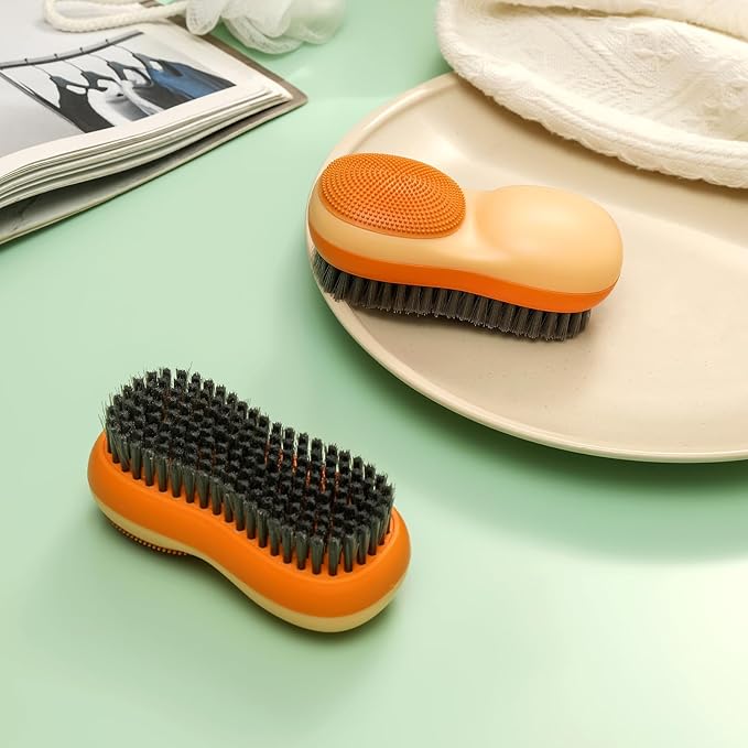 Laundry Stain Brush Two-Side Soft Bristle Scrub Brush for Stain Removal Silicone Household Clothes Washing Brush Dual-use Scrubbing Brush for Clothes Underwear, 2 Pack (Blue and Orange)