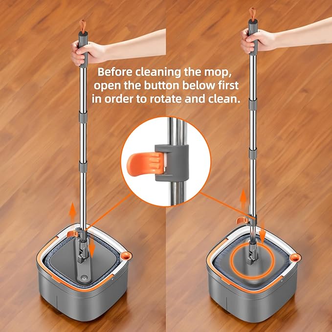 Spin Mop and Bucket Set with Self Separation Dirty and Clean Water System, Square Mop Bucket Self Wringing 360° Rotating Clean Floor Mop-Head for Hardwood Tile Marble Floors