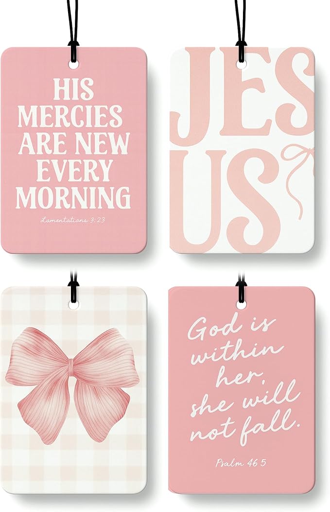 Pink Christian Car Air Freshener 4 Pcs Coconut Scented, Coquette Girly Pink Bow Christian Car Accessories Mirror Decor for Women, Religious Hanging Air Freshener for Cars Closet Drawer Books
