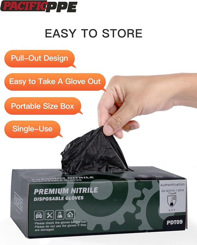 PACIFIC PPE 6-mil Heavy Duty Black Nitrile Gloves, Chemical Resistant, Food Safe, Latex Free Disposable Gloves for Mechanic, Cooking, and Cleaning, 100PCs, Medium