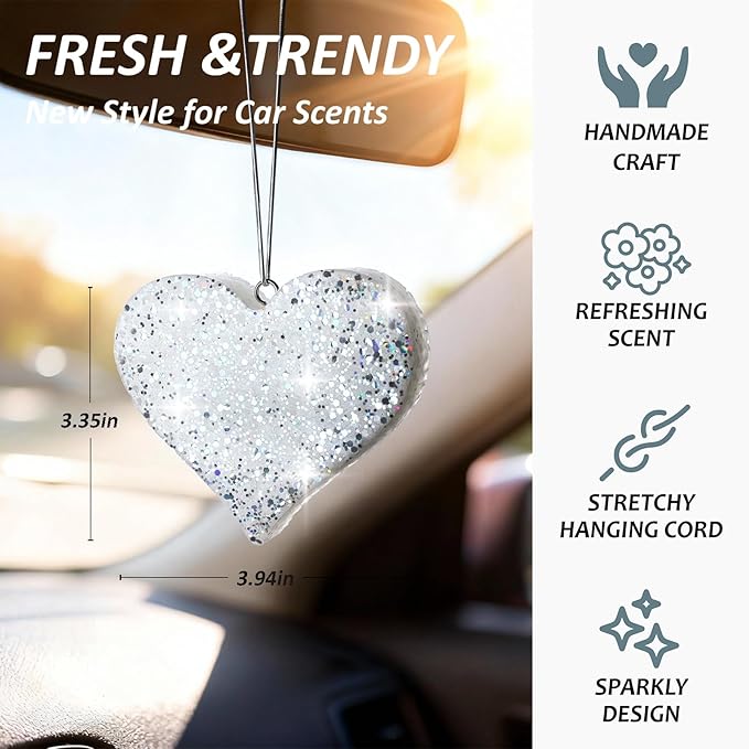 MUBYOK Handmade Car Air Freshener, Cute Valentine‘s Day Gift Car Accessories for Women Girls, Glitter Hanging Air Freshie for Car Closet Bathroom Decor, Sparkling Heart