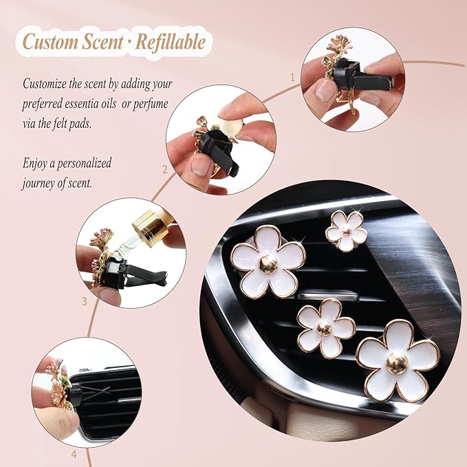 4pcs Flowers Car Air Freshener Vent Clips Cute White Daisy Flower Car Accessories for Women with Lavender Scent