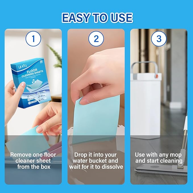 YUCO Floor Cleaner Sheets for Mopping,Fast Dissolvable and Ultra-Concentrated,Ease Effective Deep Clean Stains and Odors,Pet Safe,Keep it Fresh and Clean,Plastic-Free Packaging (1 Pack of 30 Washes)