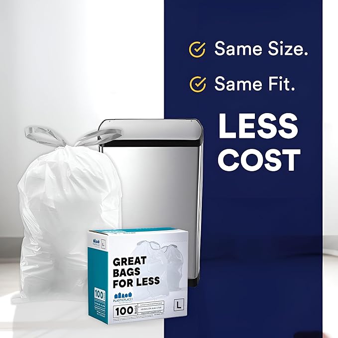 Plasticplace Custom Fit Trash Bags, Compatible with Simplehuman Code L (100 Count) White Drawstring Garbage Liners 4.8 Gallon / 18 Liters, 16.75" x 24.5"