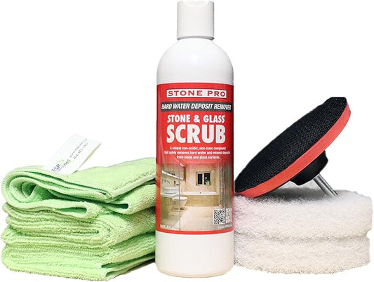 Hard Water Deposit Remover KIT - Scrub Deep Cleans Granite Countertops, Travertine Showers, Glass Shower Doors (1 Pint Stone Pro Stone & Glass -16 Fl Oz, 5" white pad, & Cleaning Cloth)