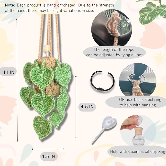 Handmade Crochet Hanging Car Air Freshener- Lifelike Green Pothos for Hanging with 12ml Thick Refillable Glass Diffuser Bottle, Suitable Decor for Car Rearview Mirror, Home & Wellness Spaces