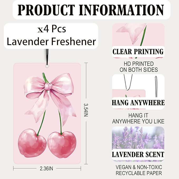 Coquette Preppy Pink Lavender Car Air Freshener 4 Pcs, Girly Bow Poker Cherry Butterfly Air Freshener Hanging Decor for Cars Closet Drawer Books, Cute Areadeodorizer Gifts for Women Girls