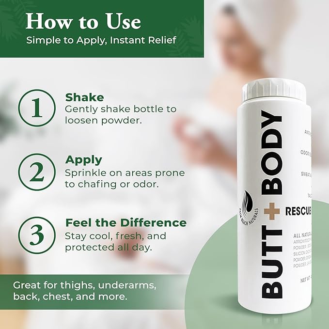 Palm Beach Naturals Butt & Body Rescue Powder for Men & Women – Whole Body Deodorant Absorbs Sweat, Controls Odor & Chafing with Cooling Sensation – Naturally Protects Skin, Talc Free – 4oz