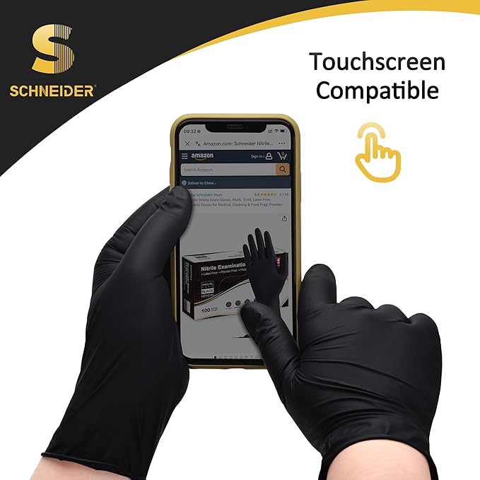 Schneider Nitrile Exam Gloves, Black Latex Free Powder Free Disposable Gloves for Medical, Cooking, Cleaning, and Food Prep