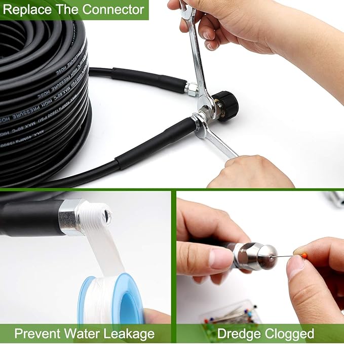 Sewer Jetter Kit 50FT for Pressure Washer, 5800PSI Drain Cleaner Hose 1/4 Inch NPT, Corner, Rotating & Button Nose Sewer Jetting Nozzle with Spanner Waterproof Tape Pearl Corsage Pin
