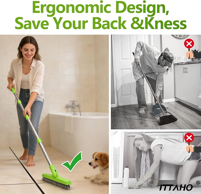 ITTAHO 2 Pack Grout Brush with Long Handle, Swivel Cleaning Grout Line Scrubber - Durable Handle Grout Cleaner Brush for Bathroom,Tile,Baseboard,Walk in Shower,Corner & Narrow Space (Green)
