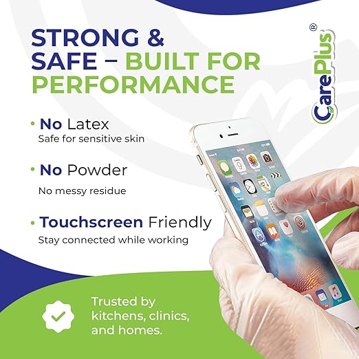 CARE PLUS Latex-Free Vinyl Gloves Clear Small Size 100 Count | Heavy Duty, Non-Sterile, Powder-Free, Rubber | Food Prep, Kitchen & Cleaning Gloves, Ideal for Professional Use