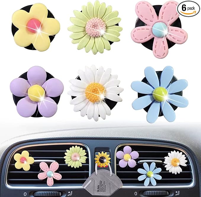 7 Pcs Cute Daisy Air Vent Clips, Flower Car Air Fresheners Vent Clips Cars Diffuser Vent Clip Charm Cars Decoration for Women Cute Interior Decor Flower Car Accessories + Sunflower Mask Hook