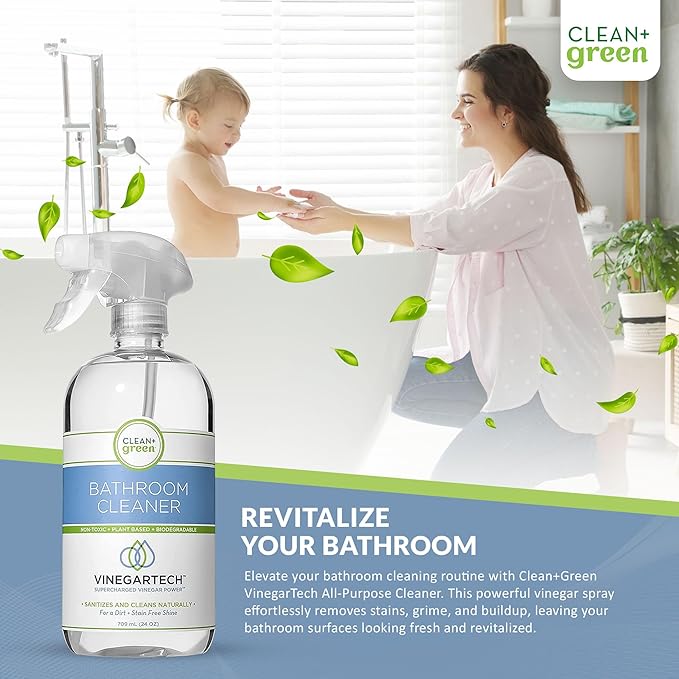 CLEAN+GREEN VinegarTech Bathroom Cleaner - Vinegar Spray All Purpose Cleaner Removes Dirt & Grime Shower, Tub, Tile Floor - Vinegar Cleaner Household Cleaning Supplies - Cleaning Vinegar 24 Fl Oz